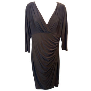 Lauren Ralph Lauren Dresss Sz 12 Black Stretch Jersey 3/4 Sleeve V Nec Holiday